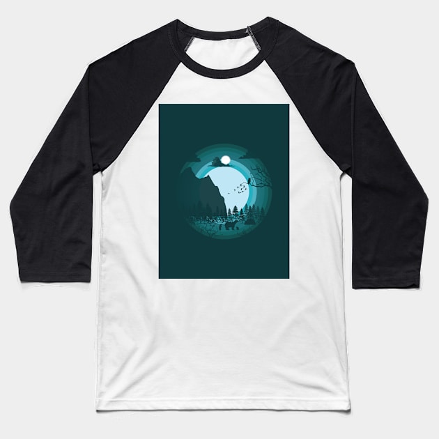 wilderness Silhouette Illustration Baseball T-Shirt by Lookify